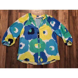 Hutch Blue Yellow Floral V Neck Button Up Top Sz M